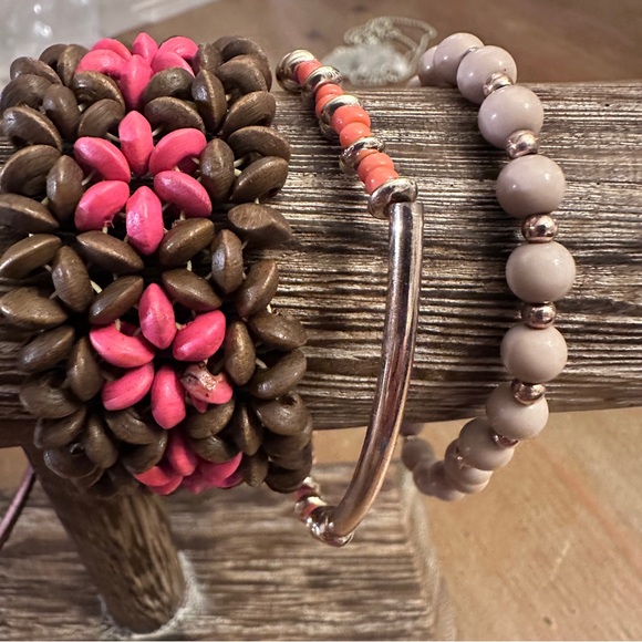 Pink and Brown Beaded Bracelet Bangle Set - Picture 3 of 10